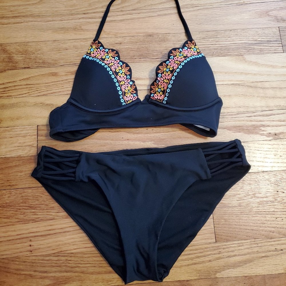 Embroidered two piece black bikini